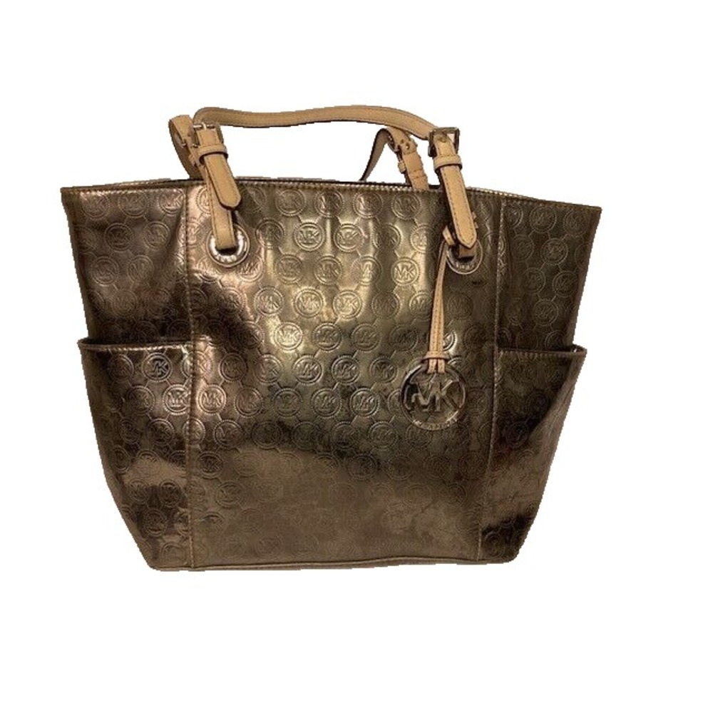 Michael Kors Jet Set East/west Signature Tote Mirror Metallic Dark Gray Bronze